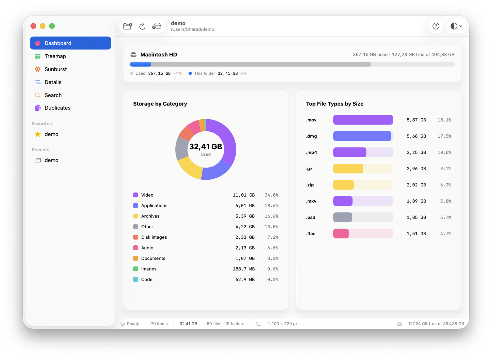 DiskLens Dashboard showing free space and storage broken down by category and file type