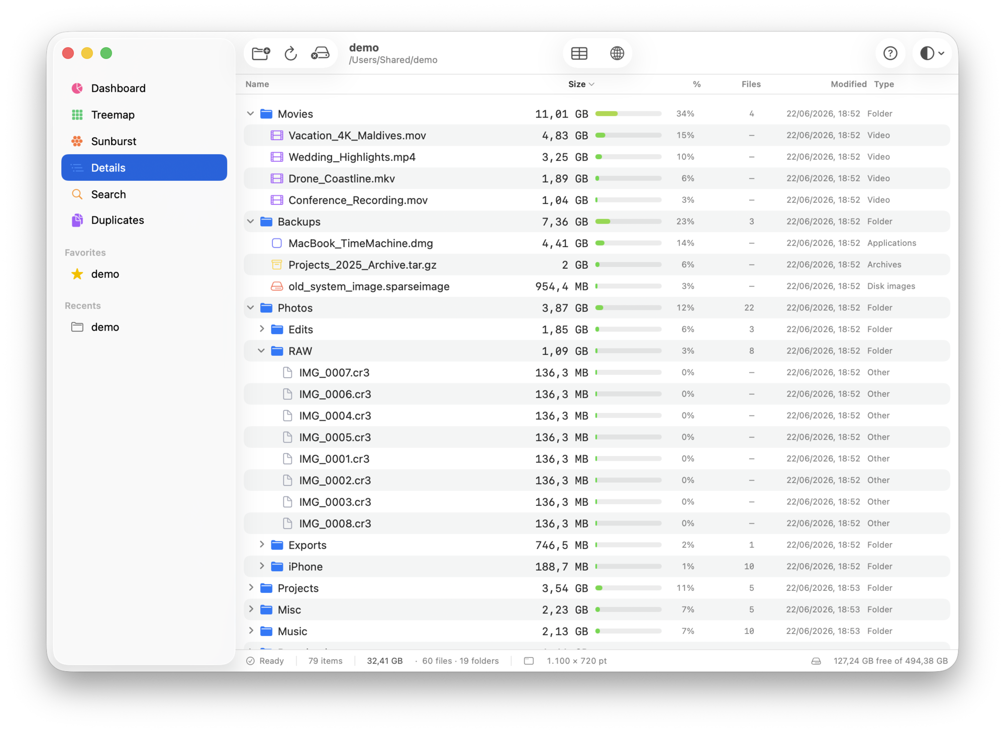 DiskLens Details, a sortable table of folders and files
