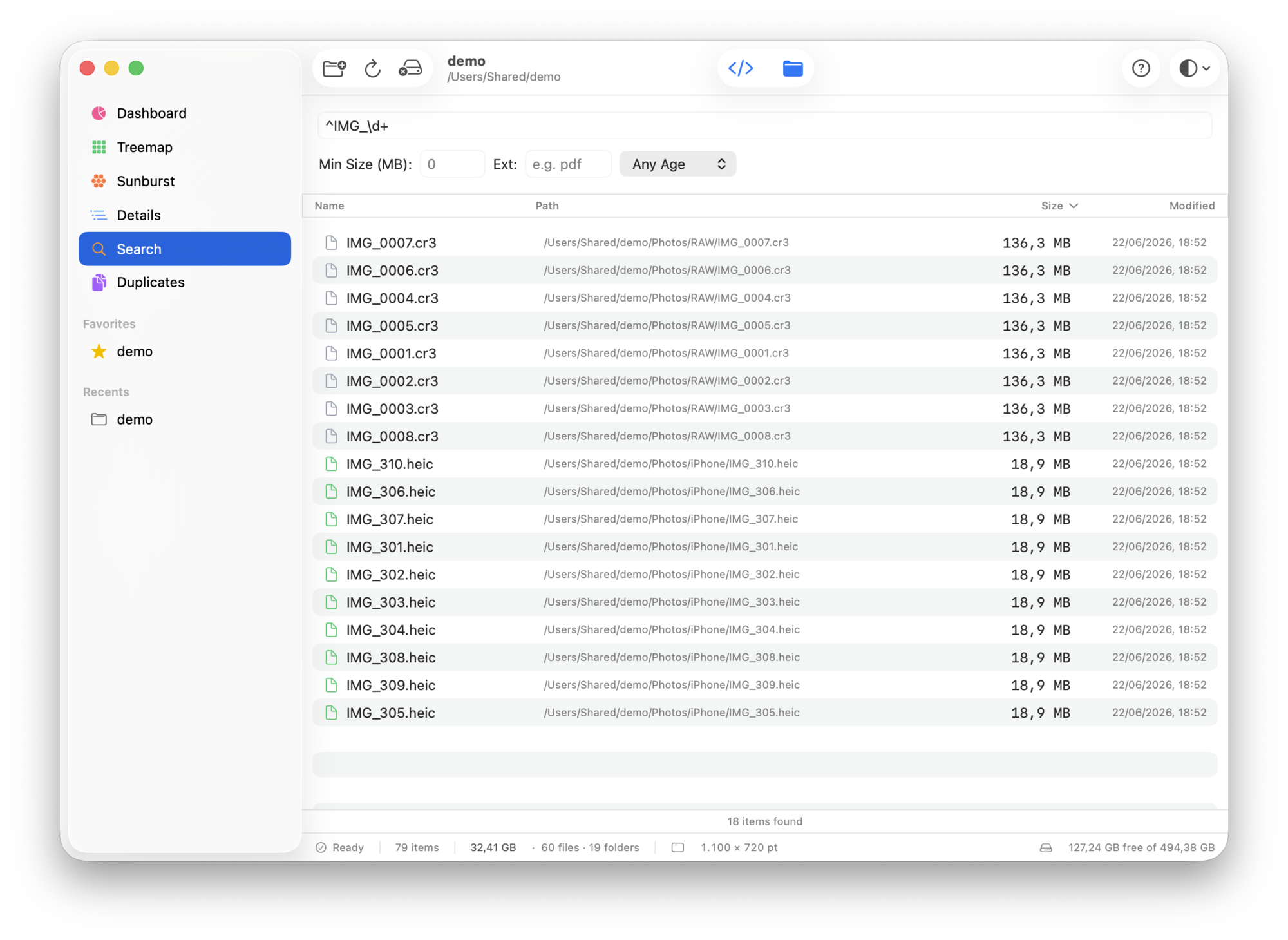 DiskLens Search finding files by name with regular-expression support