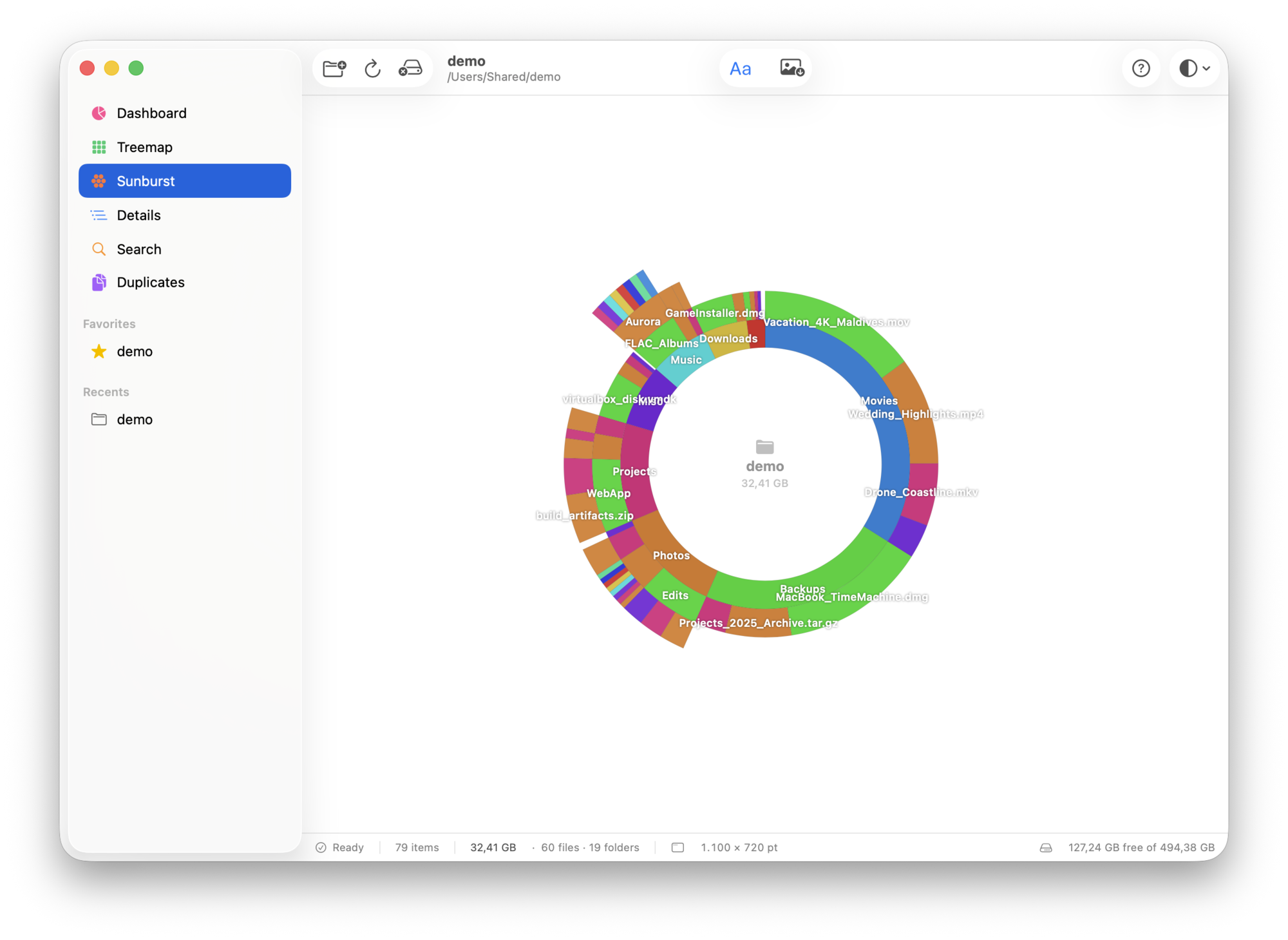DiskLens interactive Sunburst ring chart of the folder tree
