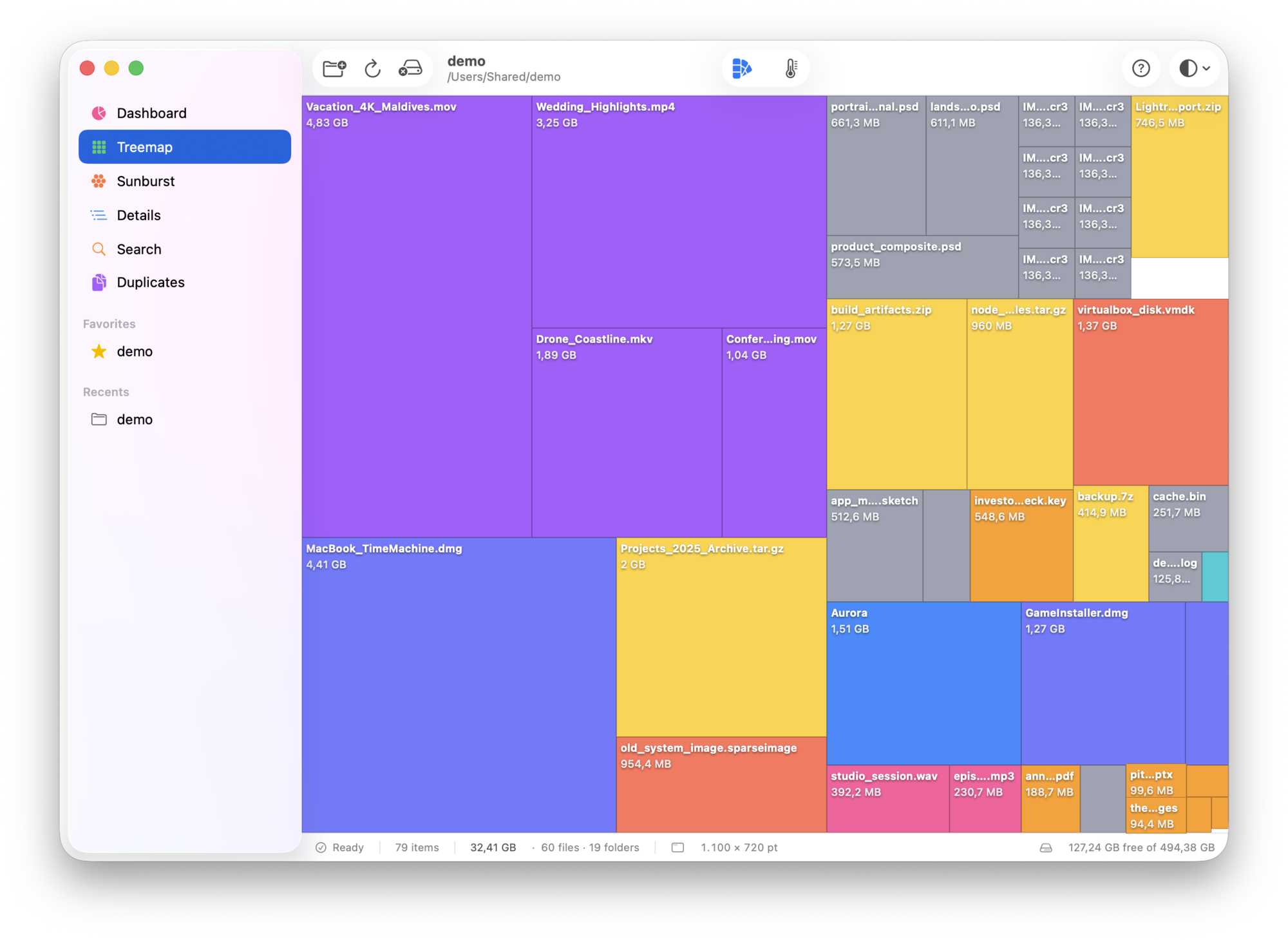 DiskLens Treemap with every file shown as a sized tile, colored by type